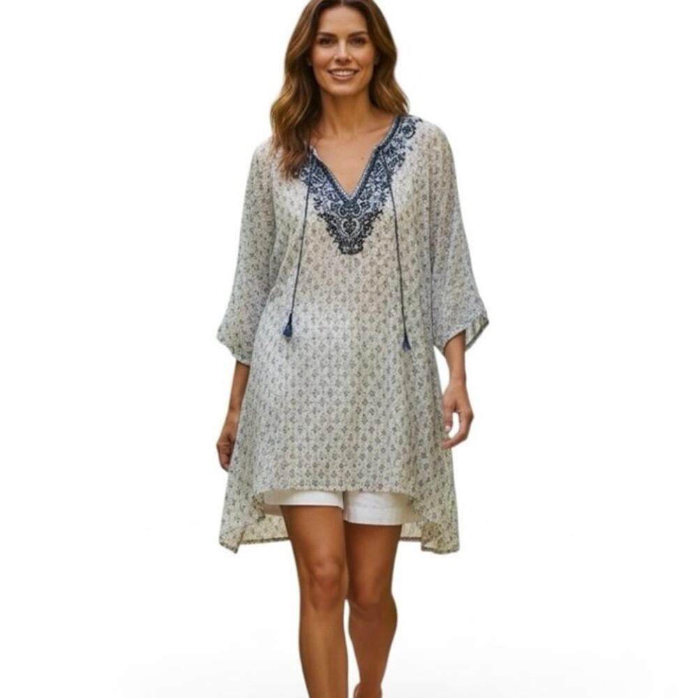 Rock Flower Paper Tunic Blue White LG 100% Cotton Boho Resort Cottage SwimCover